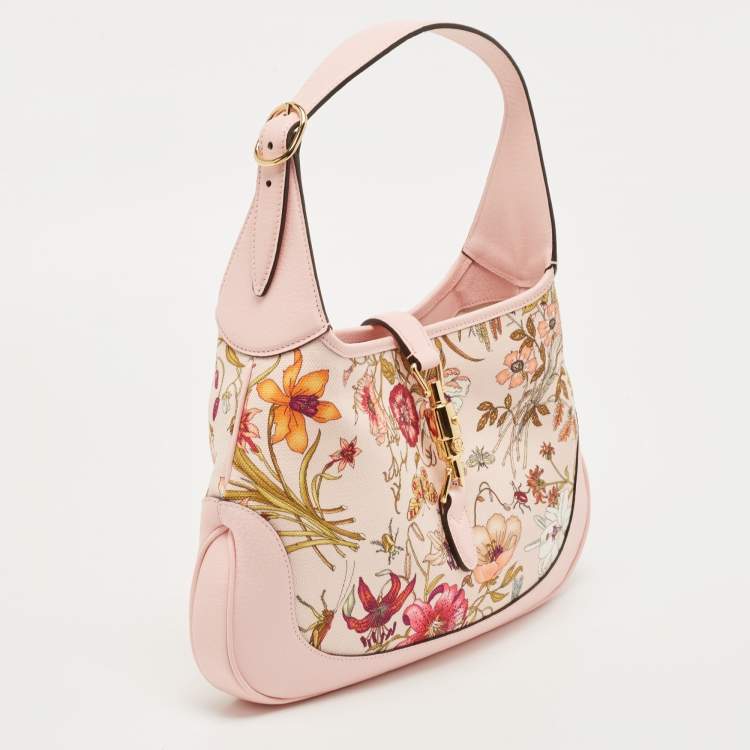 Pre Owned Gucci Baby Pink Floral Canvas and Leather Limited Edition Jackie 1961 Hobo