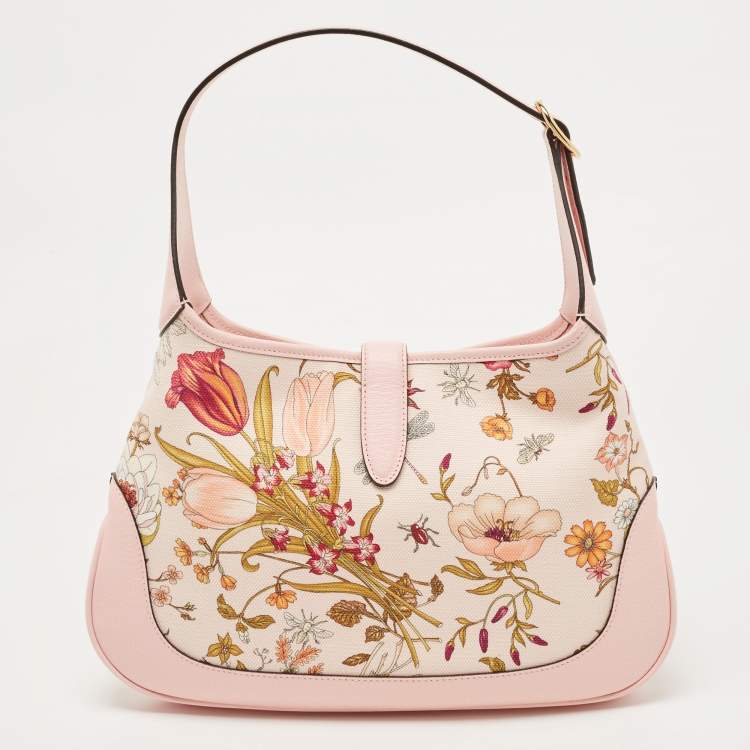 Pre Owned Gucci Baby Pink Floral Canvas and Leather Limited Edition Jackie 1961 Hobo