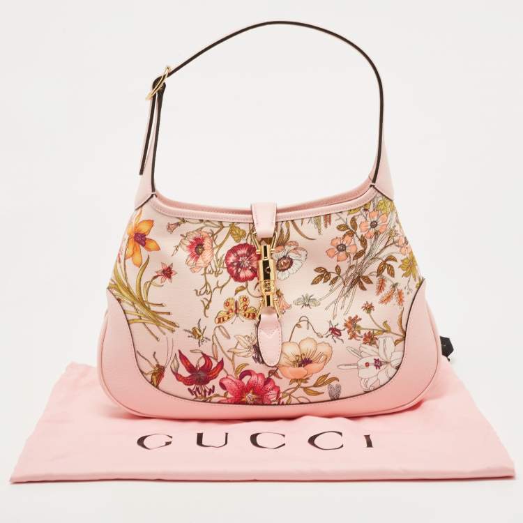 Pre Owned Gucci Baby Pink Floral Canvas and Leather Limited Edition Jackie 1961 Hobo