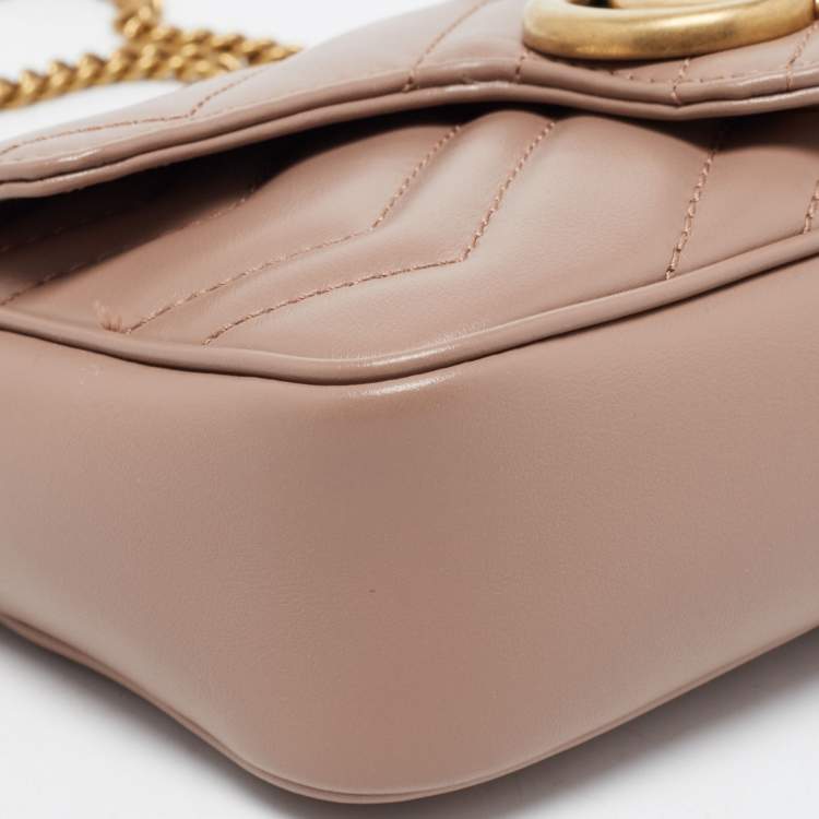 Pre Owned Gucci Old Rose Matelassé Leather Super Mini GG Marmont Shoulder Bag