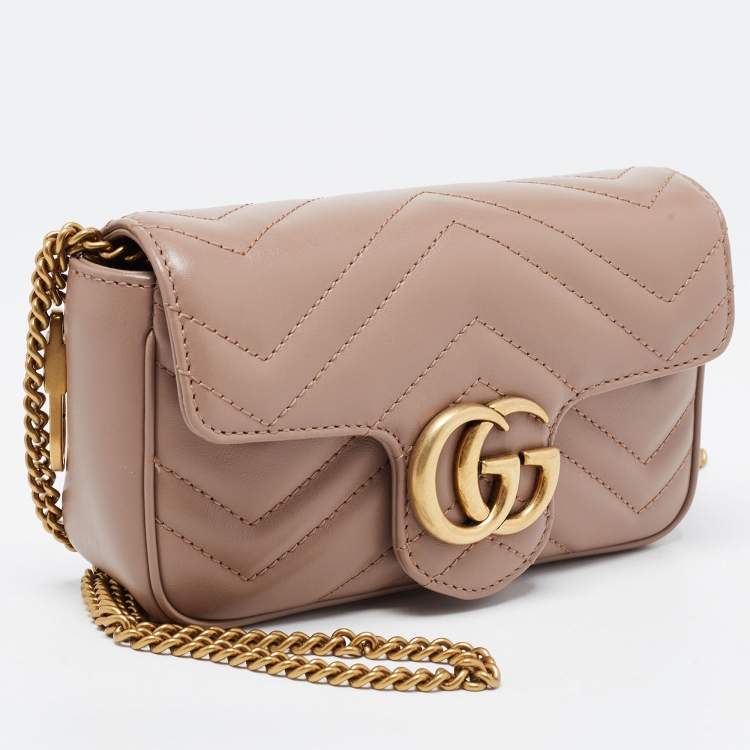 Pre Owned Gucci Old Rose Matelassé Leather Super Mini GG Marmont Shoulder Bag