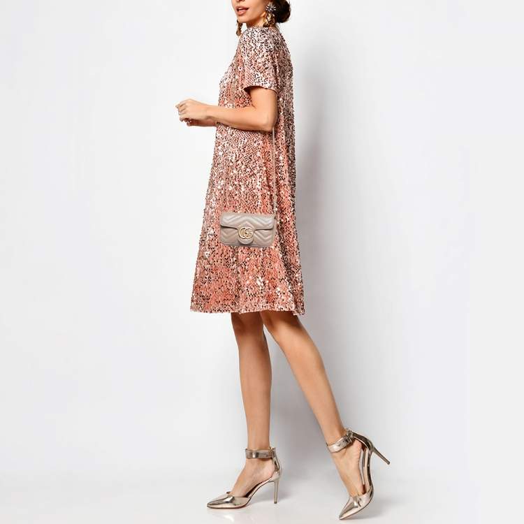 Pre Owned Gucci Old Rose Matelassé Leather Super Mini GG Marmont Shoulder Bag