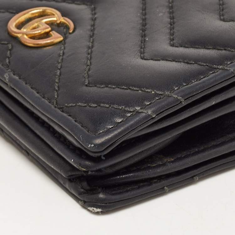 Pre Owned Gucci Charcoal Black Matelassé Leather GG Marmont Card Case