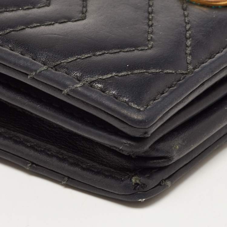 Pre Owned Gucci Charcoal Black Matelassé Leather GG Marmont Card Case