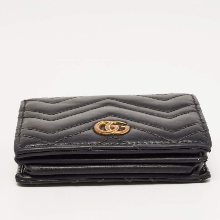 Pre Owned Gucci Charcoal Black Matelassé Leather GG Marmont Card Case