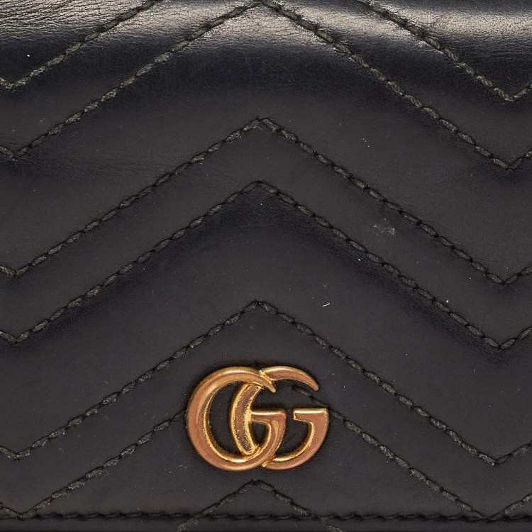Pre Owned Gucci Charcoal Black Matelassé Leather GG Marmont Card Case