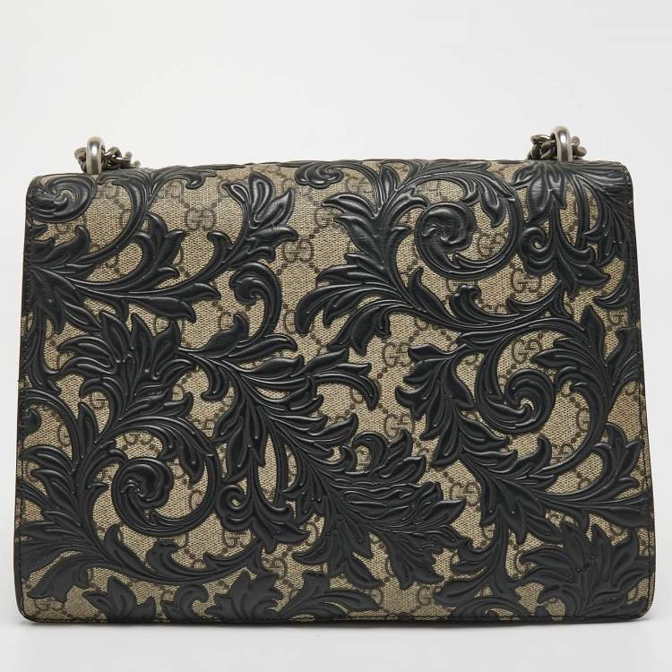 Pre Owned Gucci Black/Beige GG Supreme Canvas and Leather Medium Dionysus Arabesque Shoulder Bag