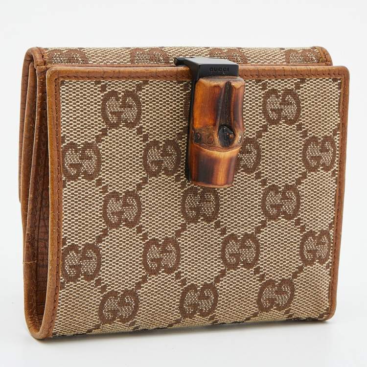 Pre Owned Gucci Beige/Tan GG Canvas and Leather Bamboo Compact Wallet