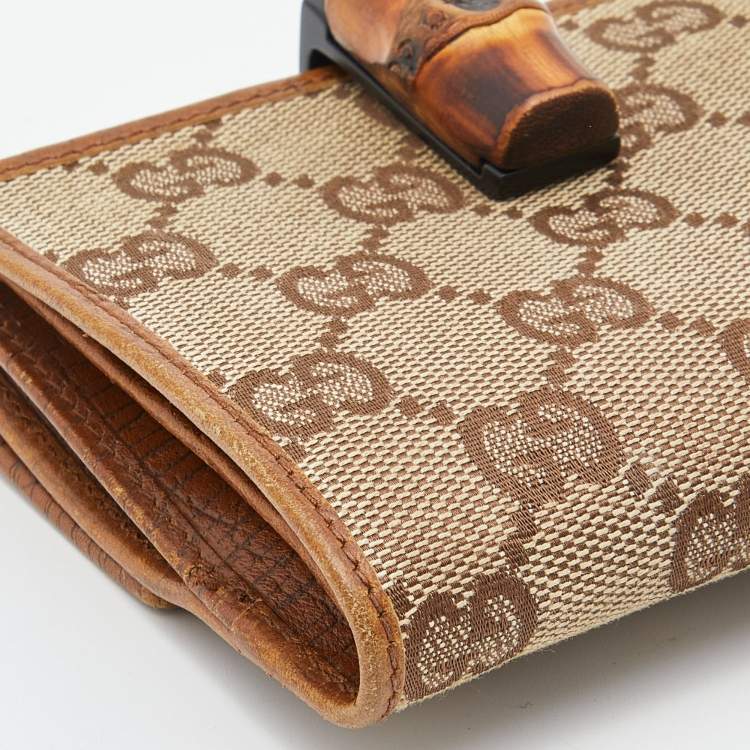 Pre Owned Gucci Beige/Tan GG Canvas and Leather Bamboo Compact Wallet