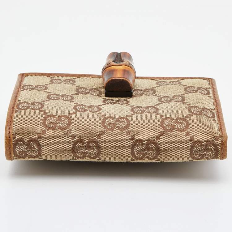 Pre Owned Gucci Beige/Tan GG Canvas and Leather Bamboo Compact Wallet