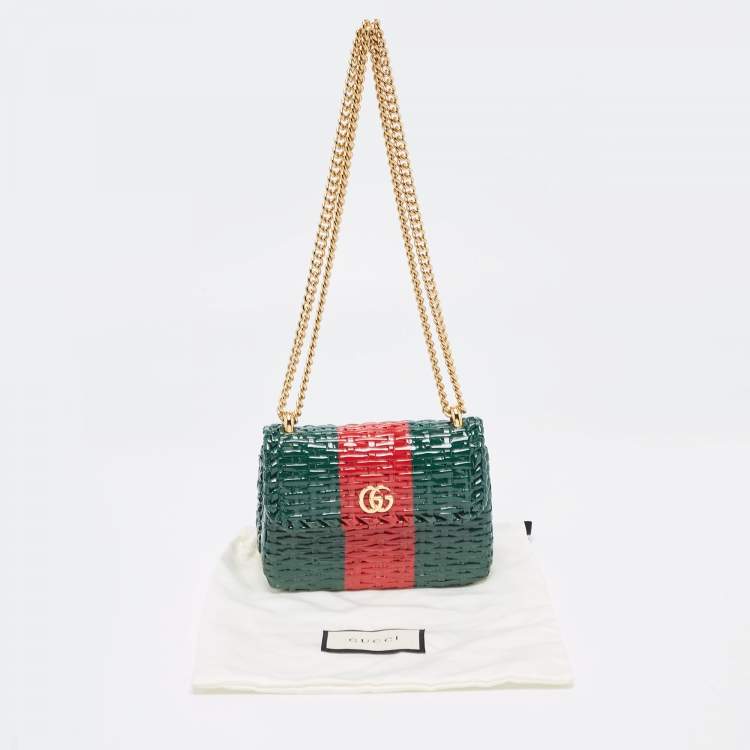 Pre Owned Gucci Green/Red Glazed Wicker Mini Cestino Shoulder Bag