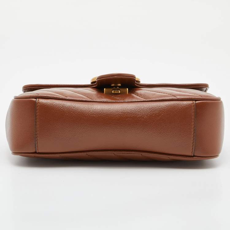 Pre Owned Gucci Brown Diagonal Quilted Leather Mini GG Marmont Shoulder Bag