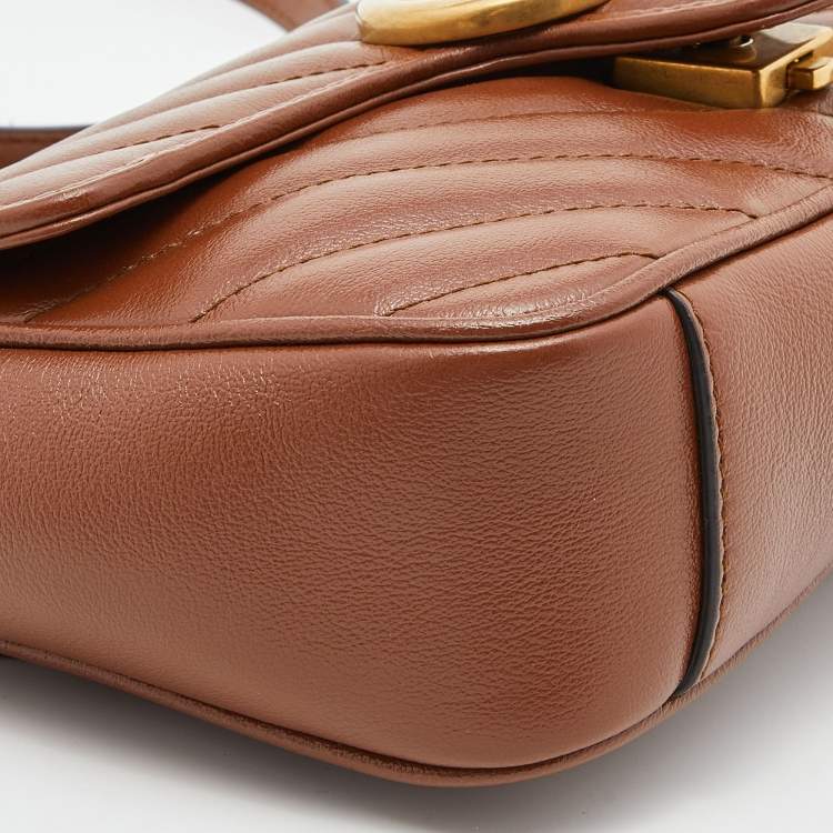 Pre Owned Gucci Brown Diagonal Quilted Leather Mini GG Marmont Shoulder Bag