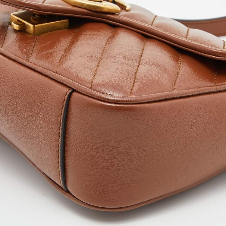 Pre Owned Gucci Brown Diagonal Quilted Leather Mini GG Marmont Shoulder Bag