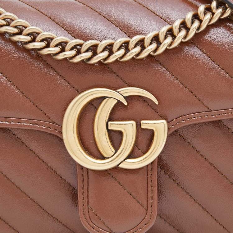 Pre Owned Gucci Brown Diagonal Quilted Leather Mini GG Marmont Shoulder Bag