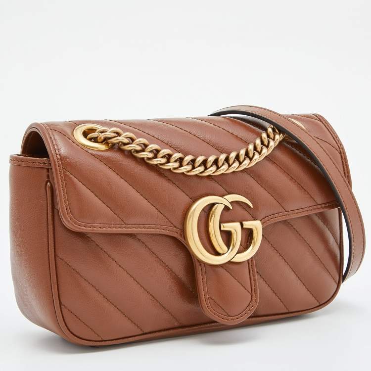 Pre Owned Gucci Brown Diagonal Quilted Leather Mini GG Marmont Shoulder Bag