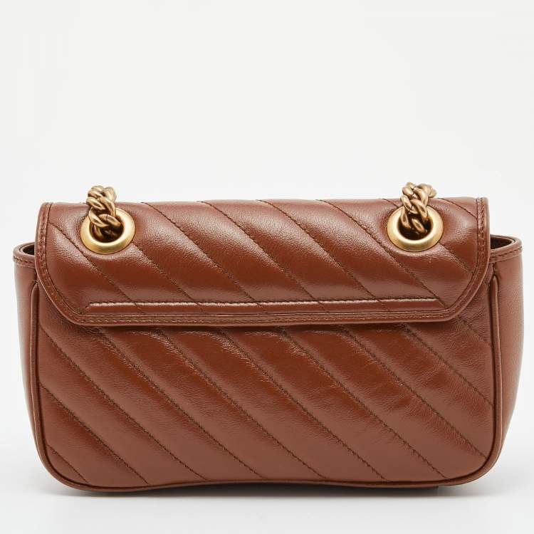 Pre Owned Gucci Brown Diagonal Quilted Leather Mini GG Marmont Shoulder Bag