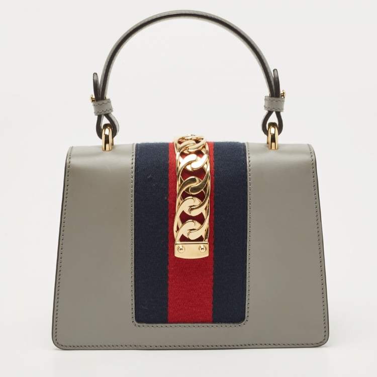 Pre Owned Gucci Grey Leather Mini Web Chain Sylvie Top Handle Bag
