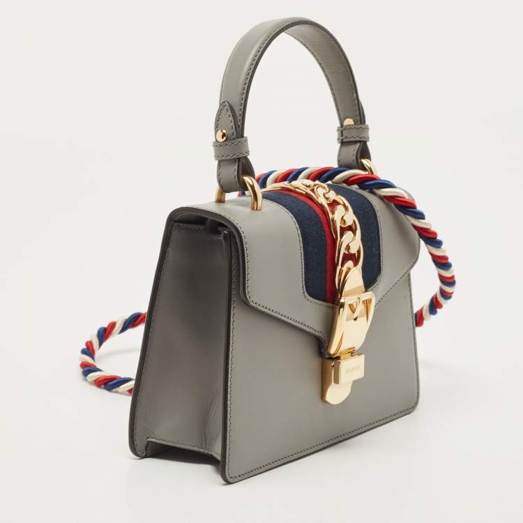 Pre Owned Gucci Grey Leather Mini Web Chain Sylvie Top Handle Bag