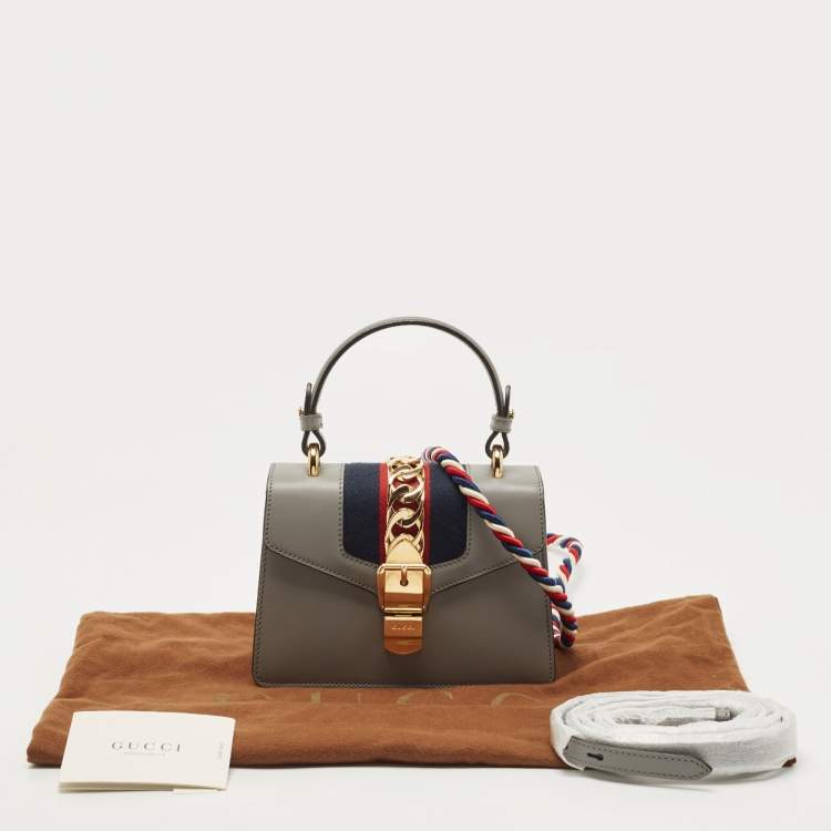 Pre Owned Gucci Grey Leather Mini Web Chain Sylvie Top Handle Bag