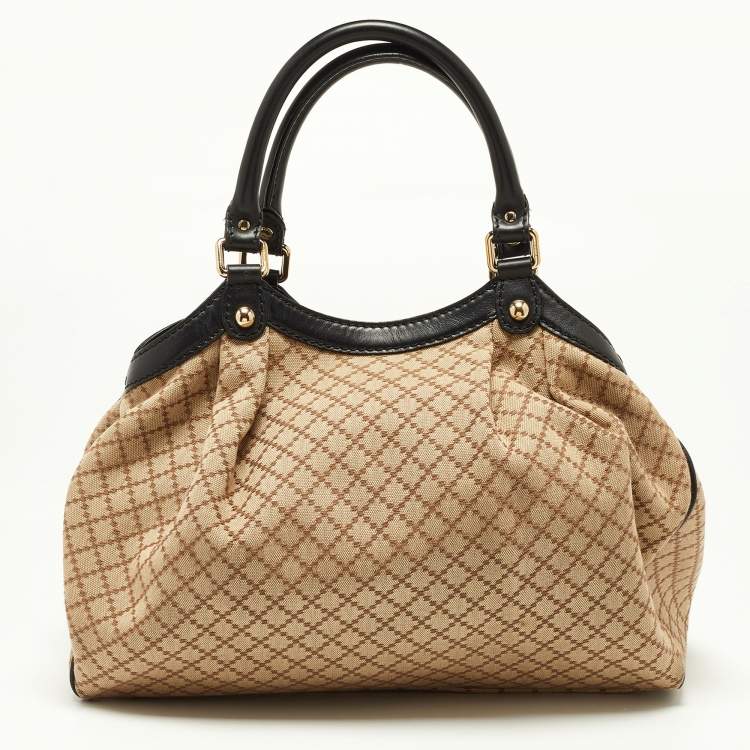 Pre Owned Gucci Beige/Black Diamante Canvas and Leather Medium Sukey Tote