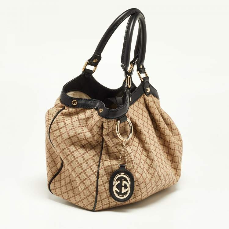Pre Owned Gucci Beige/Black Diamante Canvas and Leather Medium Sukey Tote