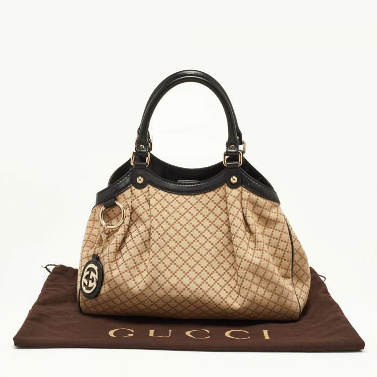 Pre Owned Gucci Beige/Black Diamante Canvas and Leather Medium Sukey Tote