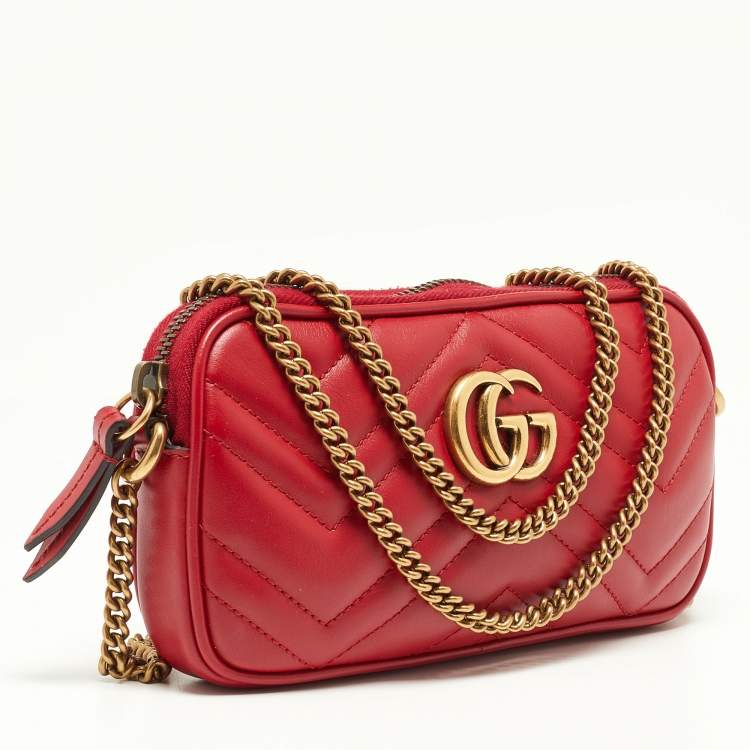 Pre Owned Gucci Red Matelassé Leather Mini GG Marmont Chain Crossbody Bag