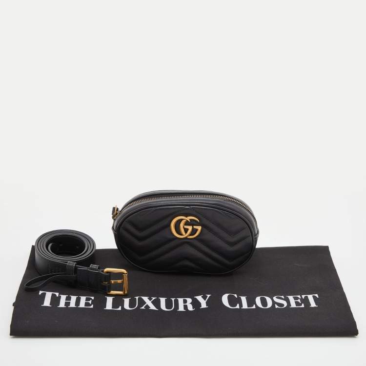 Pre Owned Gucci Black Matelassé Leather GG Marmont Belt Bag