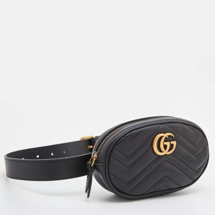 Pre Owned Gucci Black Matelassé Leather GG Marmont Belt Bag