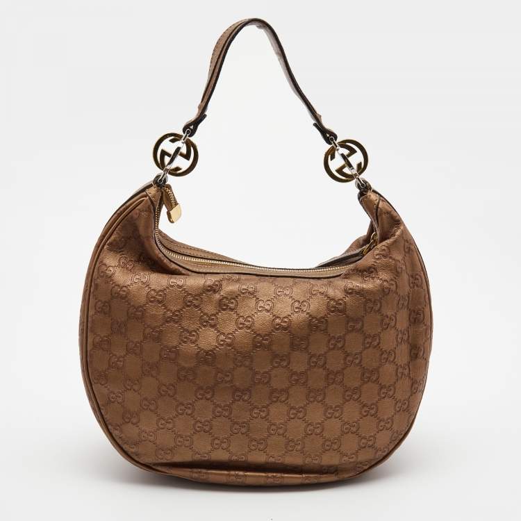 Pre Owned Gucci Metallic Brown Guccissima Canvas and Leather GG Twins Medium Hobo