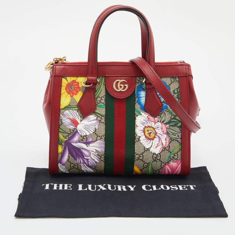 Pre Owned Gucci Multicolor GG Supreme Flora Canvas and Leather Small Ophidia Tote