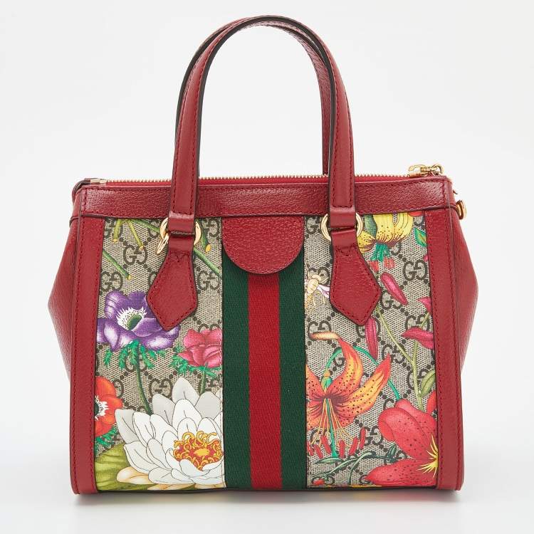 Pre Owned Gucci Multicolor GG Supreme Flora Canvas and Leather Small Ophidia Tote