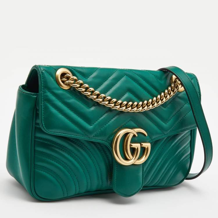 Pre Owned Gucci Green Matelasse Leather Small GG Marmont Shoulder Bag