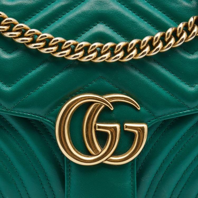 Pre Owned Gucci Green Matelasse Leather Small GG Marmont Shoulder Bag