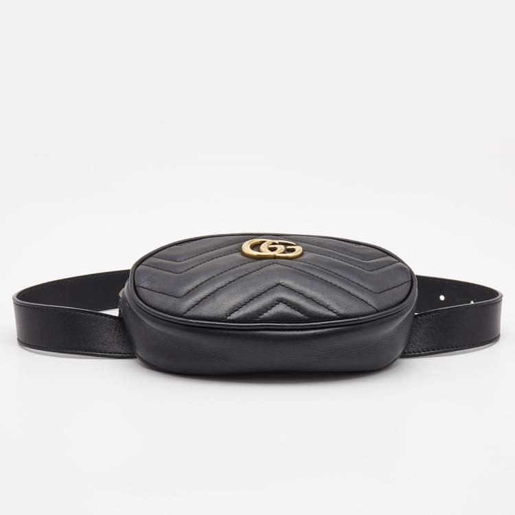 Pre Owned Gucci Black Matelassé Leather GG Marmont Belt Bag