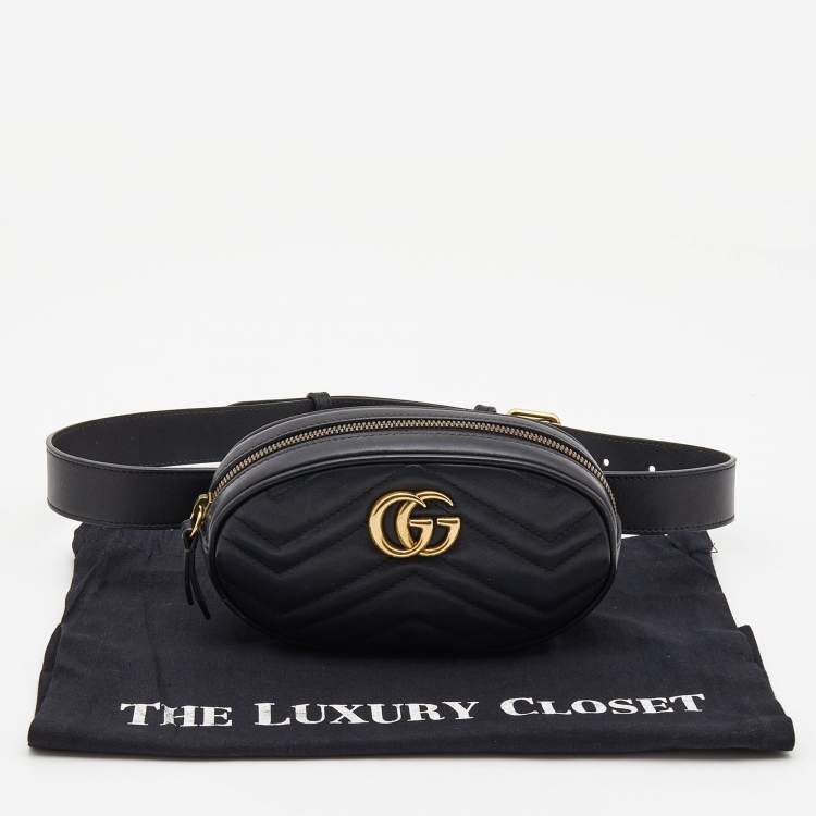 Pre Owned Gucci Black Matelassé Leather GG Marmont Belt Bag
