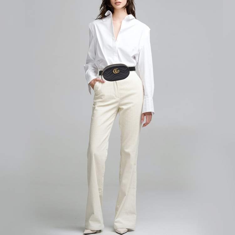 Pre Owned Gucci Black Matelassé Leather GG Marmont Belt Bag