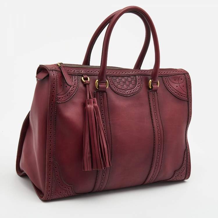 Pre Owned Gucci Burgundy Duilio Brogue Leather Chablis Duffel Bag