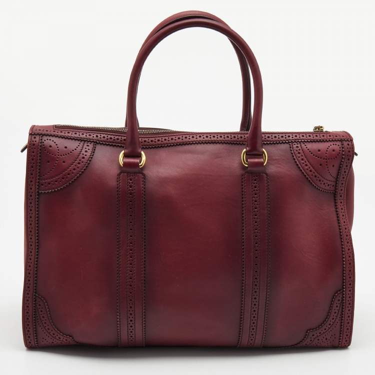 Pre Owned Gucci Burgundy Duilio Brogue Leather Chablis Duffel Bag