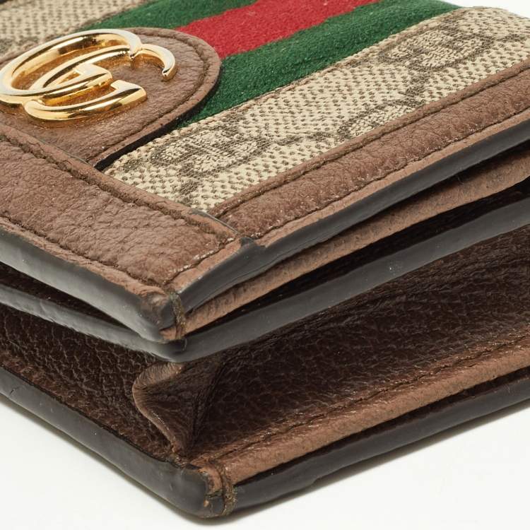 Pre Owned Gucci Brown GG Supreme Canvas and Leather Web Ophidia Card Case Wallet