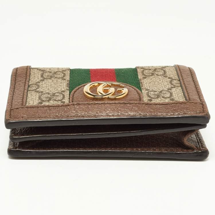 Pre Owned Gucci Brown GG Supreme Canvas and Leather Web Ophidia Card Case Wallet