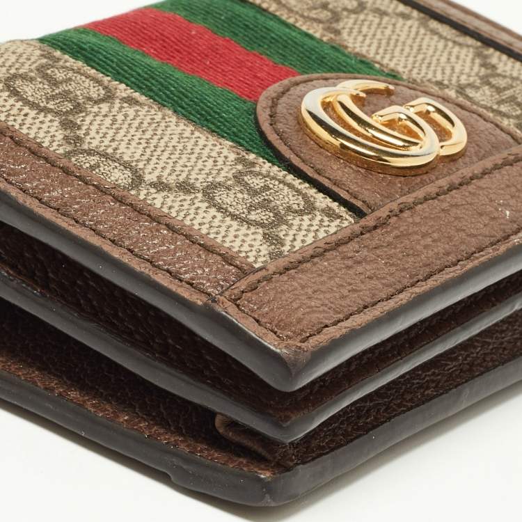 Pre Owned Gucci Brown GG Supreme Canvas and Leather Web Ophidia Card Case Wallet