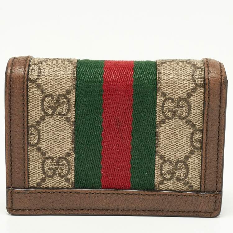 Pre Owned Gucci Brown GG Supreme Canvas and Leather Web Ophidia Card Case Wallet