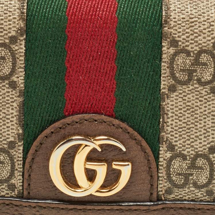 Pre Owned Gucci Brown GG Supreme Canvas and Leather Web Ophidia Card Case Wallet