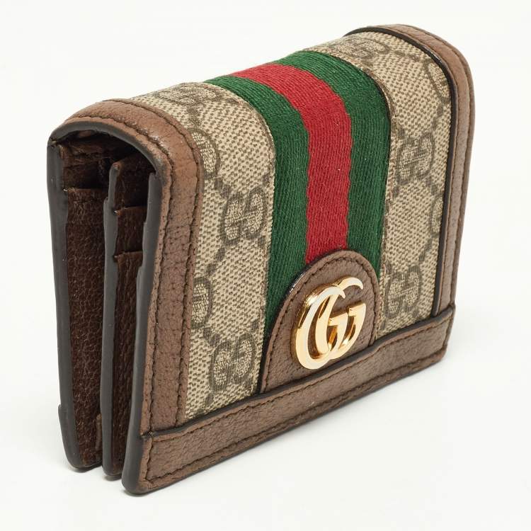 Pre Owned Gucci Brown GG Supreme Canvas and Leather Web Ophidia Card Case Wallet