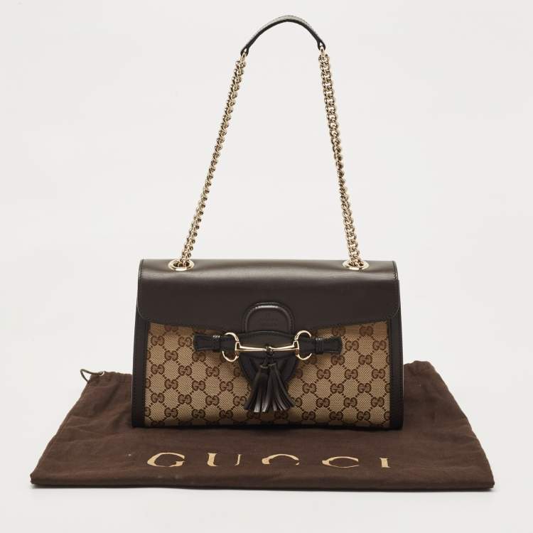 Pre Owned Gucci Dark Brown/Beige GG Canvas and Leather Medium Emily Chain Shoulder Bag