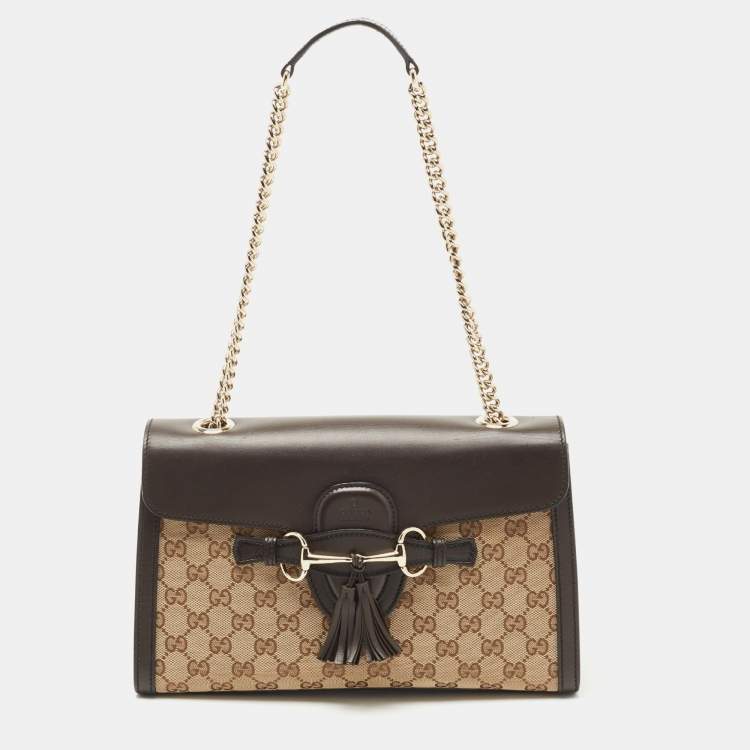 Pre Owned Gucci Dark Brown/Beige GG Canvas and Leather Medium Emily Chain Shoulder Bag