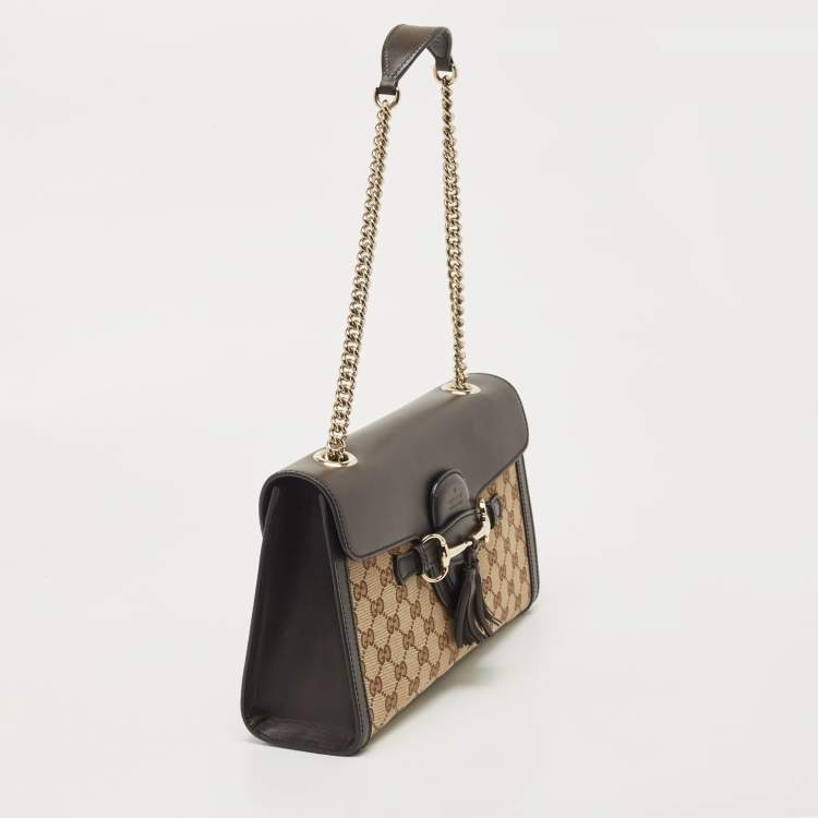 Pre Owned Gucci Dark Brown/Beige GG Canvas and Leather Medium Emily Chain Shoulder Bag
