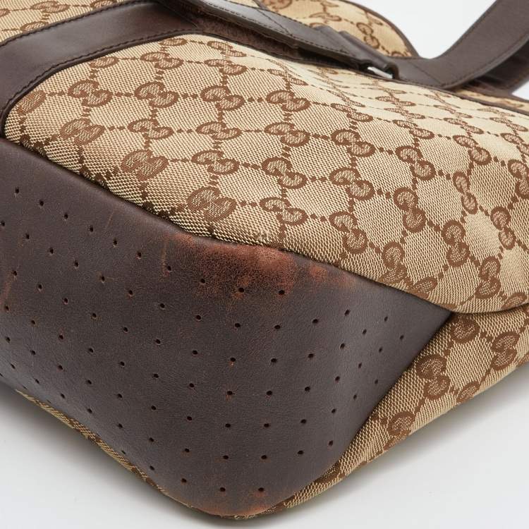Pre Owned Gucci Beige/Brown GG Canvas and Leather Shopper Tote
